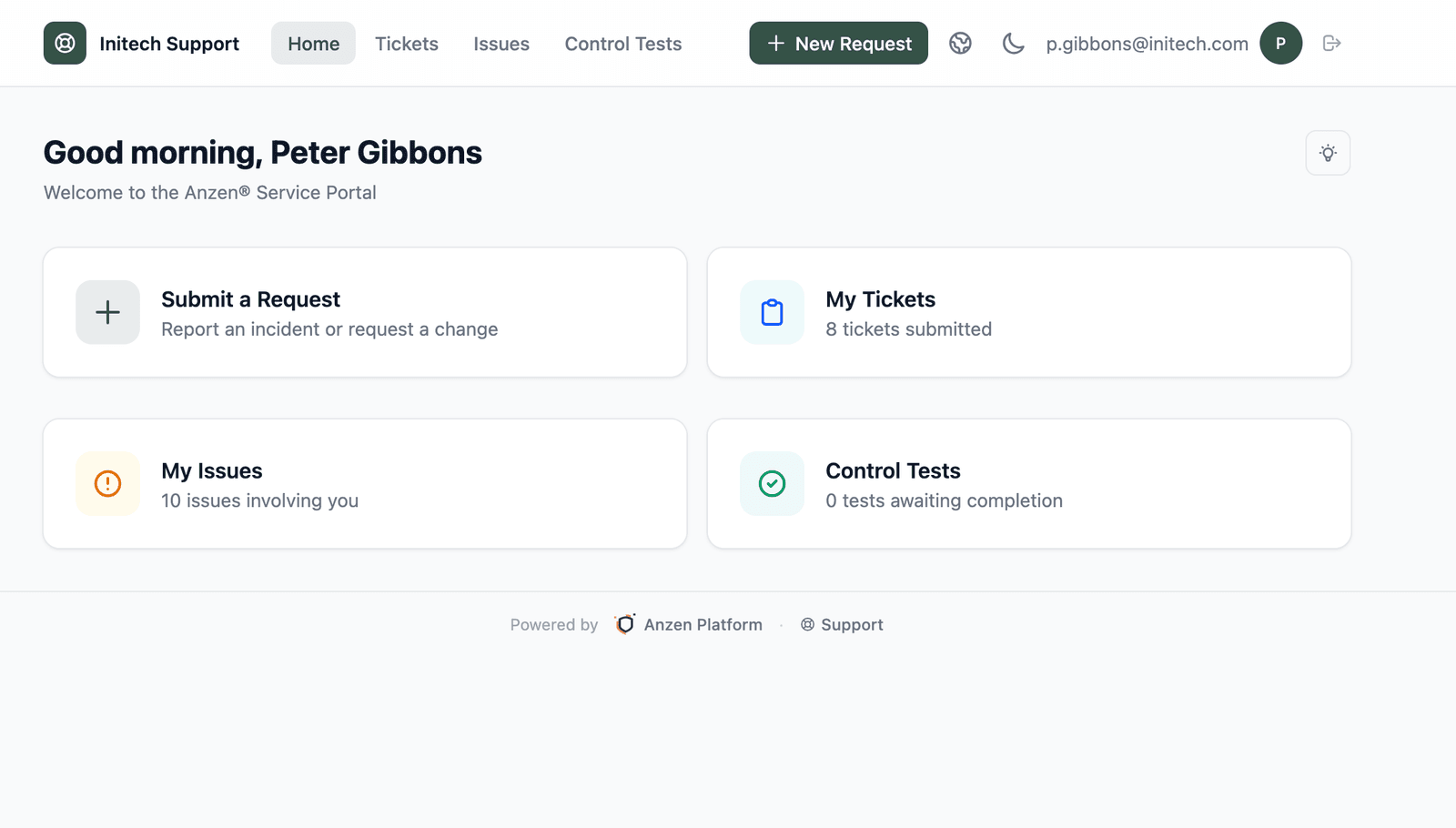 Service Portal home showing Submit a Request, My Tickets, My Issues, and Control Tests cards